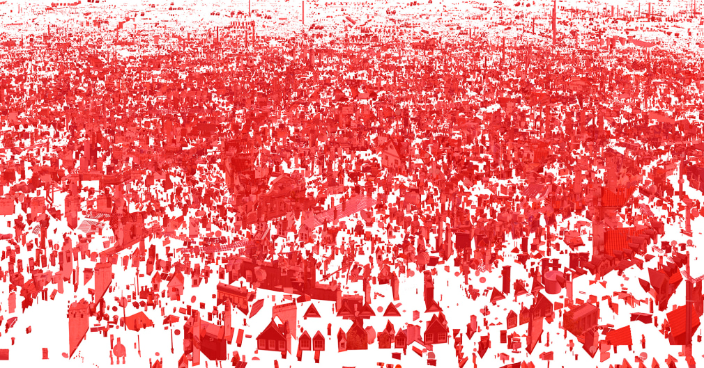 Panoramic image of archtecurla details from European capitals highlighted in red and suspend on a white background.