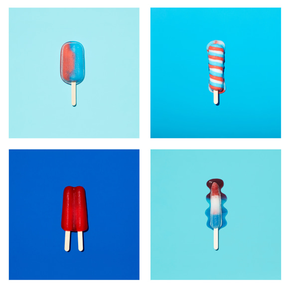 Grid of four images of melting red white and blue popsicles on solid blue backgrounds.