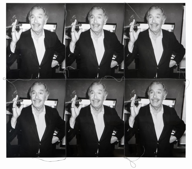 Six identical black and white photos of TV personality Milton Berle, holding a cigar&mdash;the photos are stitched together into a grid, with thread.