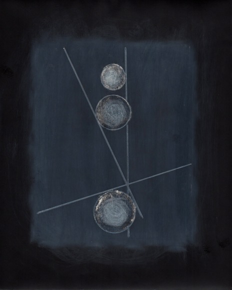 Linear abstraction using darkroom photo materials and processes and colored pencil on black background