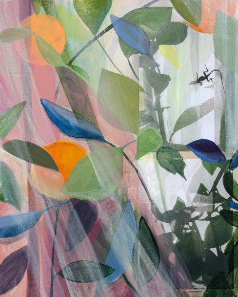 Collaged photo of a gecko on a window, below an orange plant, with the image extended via painting.