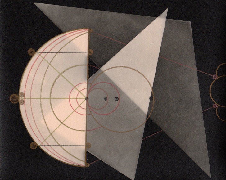 Abstraction made up of triangles and a semicircle with colored pencil drawing on black background.