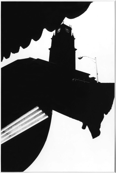 Abstracted black and white photo of a clocktower.