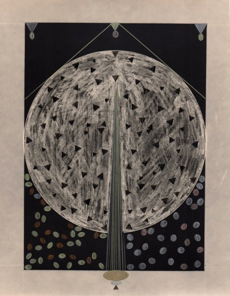 Linear abstraction using darkroom photo materials and processes and colored pencil on black background