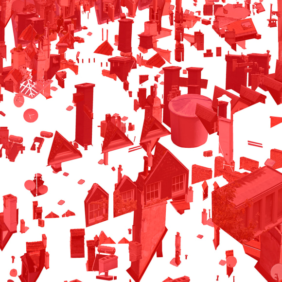 Image of architectural details highlighted in red and suspend on a white background