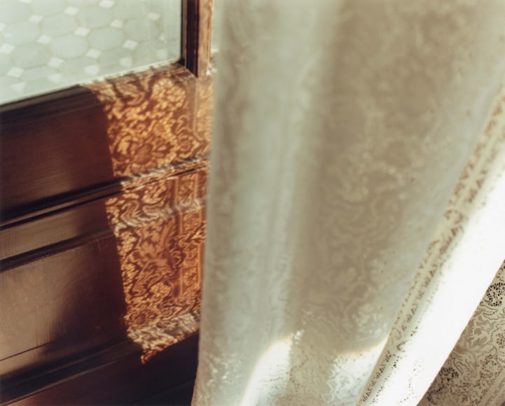 Color photo of a pattern cast on a door by sunlight beaming thought a lace curtain.