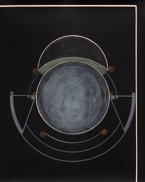 Abstraction made up of circles drawn in colored pencil on black background.