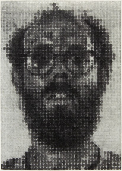 Self portrait of the artist, rendered in a grid of circular marks