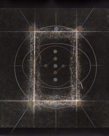 Linear abstraction using darkroom photo materials and processes and colored pencil on black background