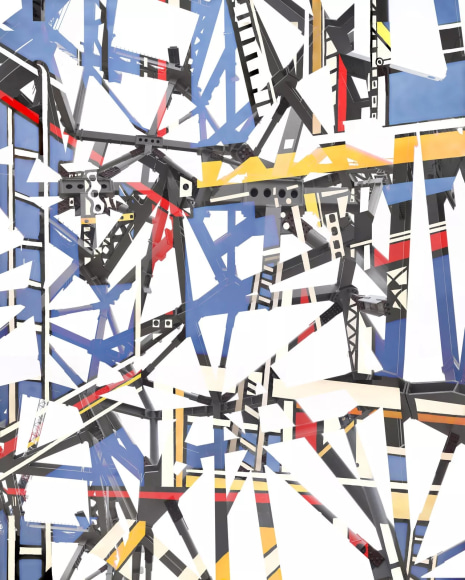 Colorful photocollage of painted elements superimposed over steel girders