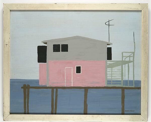 Oil painting of a coastal house on stilts