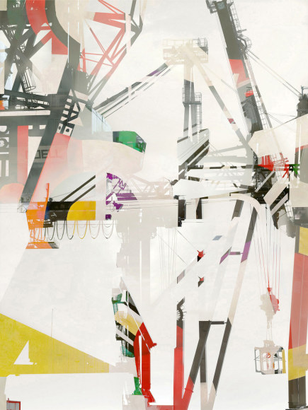 Digital photocollage of shipping cranes with color abstractions overlaid