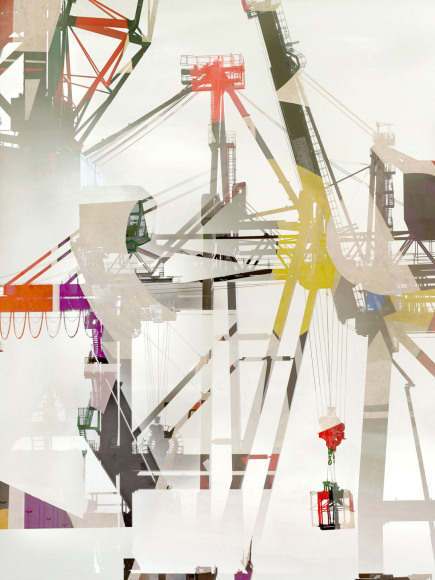 Digital photocollage of shipping cranes with color abstractions overlaid