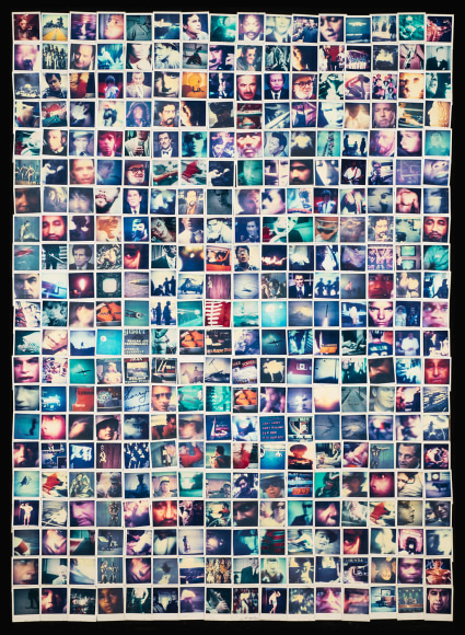 A large grid of 336 Polaroid prints showing me's faces, taken from TV. Mounted on a black background.