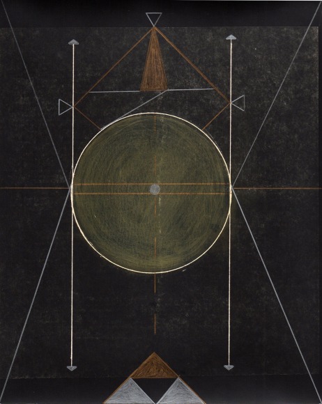 Abstraction made up of circles and lines drawn in gold colored pencil on black background.