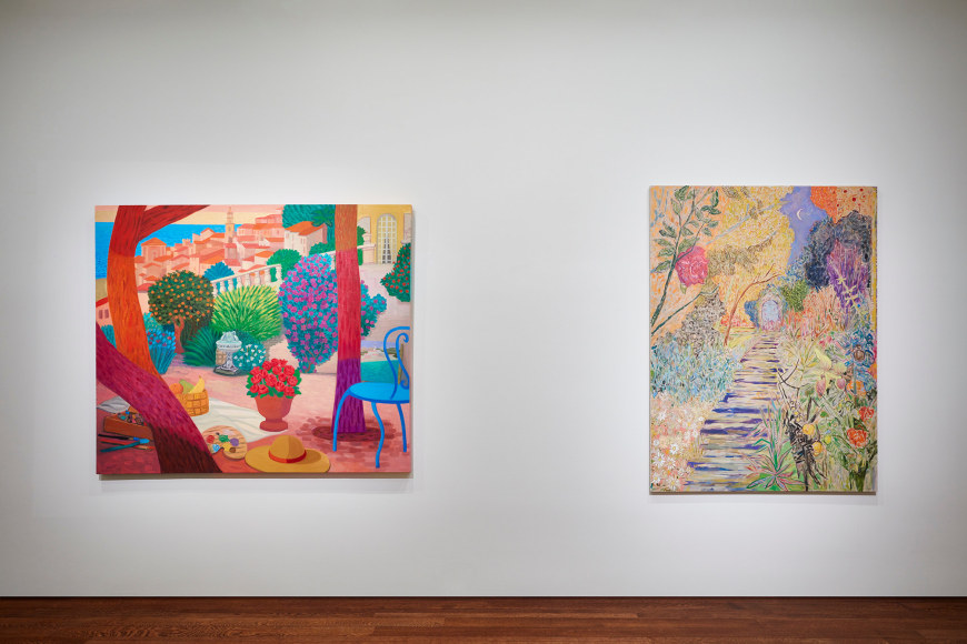 Works by Daniel Heidkamp and Hayley Barker on view in Unnatural Nature: Post-Pop Landscapes, on view in the New York gallery April 21 - June 10, 2022.  Installation view by Kent Pell.