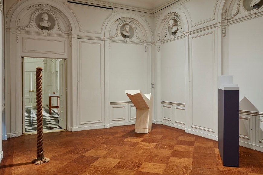 Jackie Winsor, Rope Trick,&nbsp;1967-1968; Eva Hesse, (test piece), 1967;&nbsp;Douglas Huebler, Untitled,&nbsp;c. 1965;&nbsp;and Anne Truitt, Dawn City,&nbsp;1963,&nbsp;on view in&nbsp;less: minimalism in the 1960s.