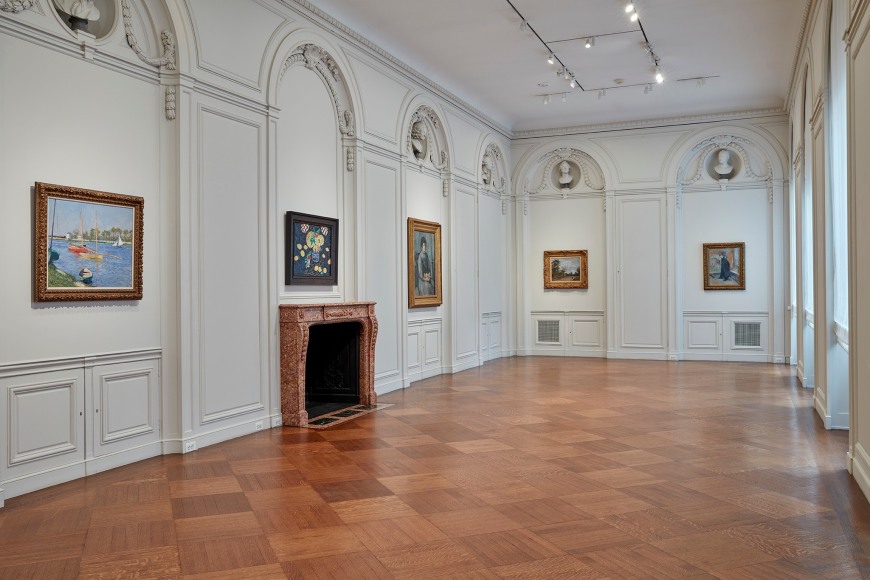 Left to Right , Gustave Caillebotte, La Seine à Argenteuil, 1882; Henri Matisse, Nature morte aux mimosas sur fond noir, 1944, © 2020 Succession H. Matisse / Artists Rights Society (ARS), New York; Paul Cézanne, Jeune fille à la poupée, 1894-96; Camille Pissarro, Le relais de poste sur la route de Versailles, Louveciennes, 1871; Henri de Toulouse-Lautrec, Portrait de Henri Nocq, 1897