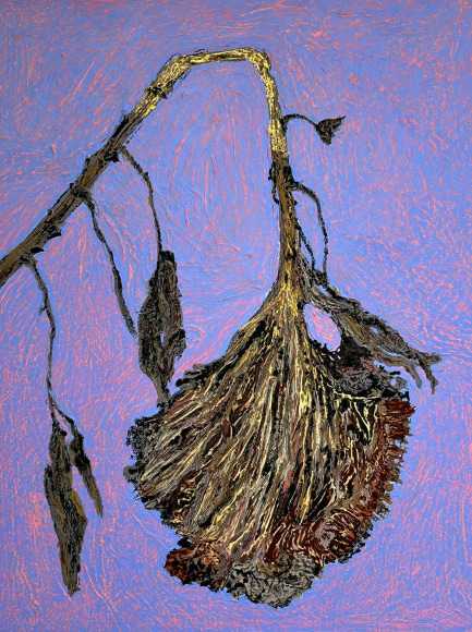Sunflower, Snow, Dusk, 2023 Acrylic, wax pastel, and mixed media on panel 14 &times; 11 inches (35 &times; 28 cm)