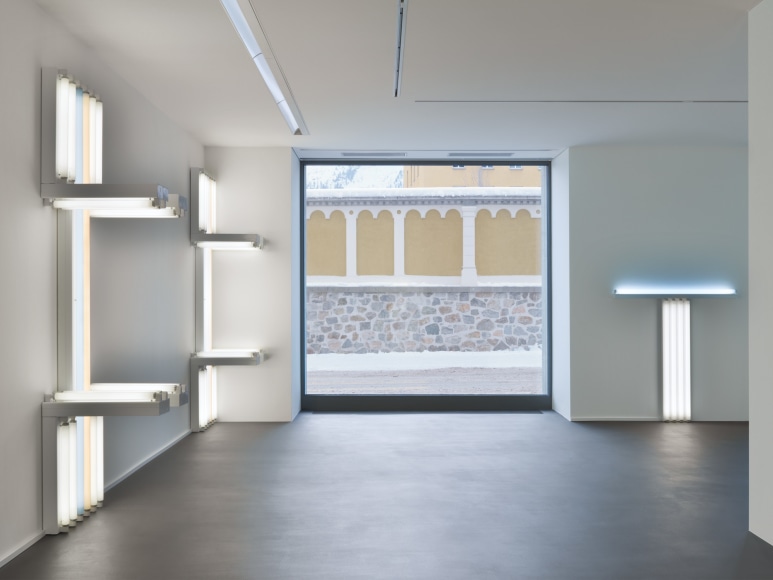 Installation view, Dan Flavin, to Lucie Rie and Hans Coper, master potters, Vito Schnabel Gallery, St. Moritz