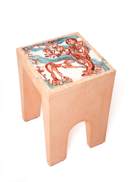 Lola Montes peach-colored stool with ceramic painted top