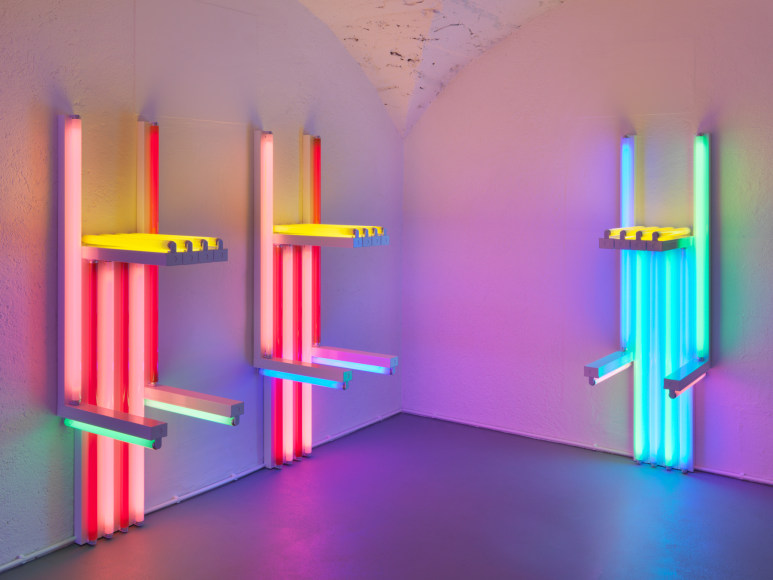 Installation view, Dan Flavin, to Lucie Rie and Hans Coper, master potters, Vito Schnabel Gallery, St. Moritz