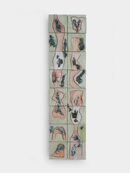 Lola Montes ceramic wall work featuring organic forms on green background painted on tiles