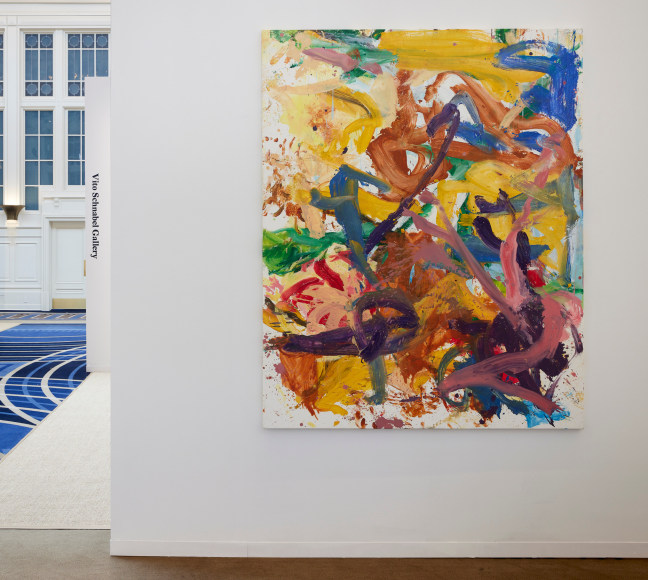 Installation view of oil on canvas abstract flower paintings by Jorge Galindo on view at the Vito Schnabel Gallery booth, Independent Art Fair, 2021