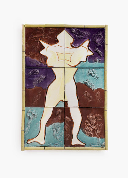 Lola Montes ceramic wall work featuring white angel on colorful background