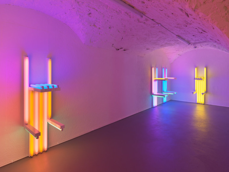 Installation view, Dan Flavin, to Lucie Rie and Hans Coper, master potters, Vito Schnabel Gallery, St. Moritz