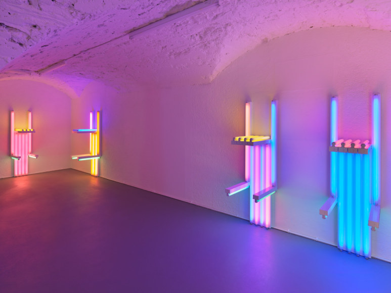 Installation view, Dan Flavin, to Lucie Rie and Hans Coper, master potters, Vito Schnabel Gallery, St. Moritz