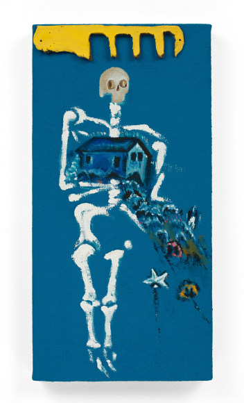blue painting with skeleton and yellow ceramic element