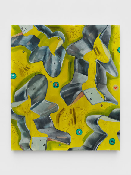 Jessica Westhafer, Gingerbread II, 2023, watercolor, oil stick, oil paint, and Girl Scout patches on canvas; 92 x 80 inches (233.7 x 203.2 cm) © Jessica Westhafer; Photo by Shark Senesac; Courtesy the artist and Vito Schnabel Gallery