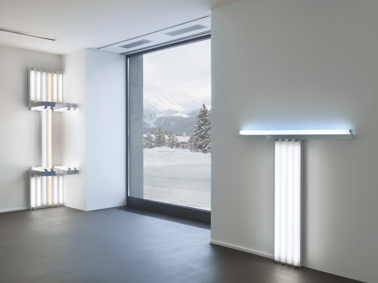 Installation view, Dan Flavin, to Lucie Rie and Hans Coper, master potters, Vito Schnabel Gallery, St. Moritz