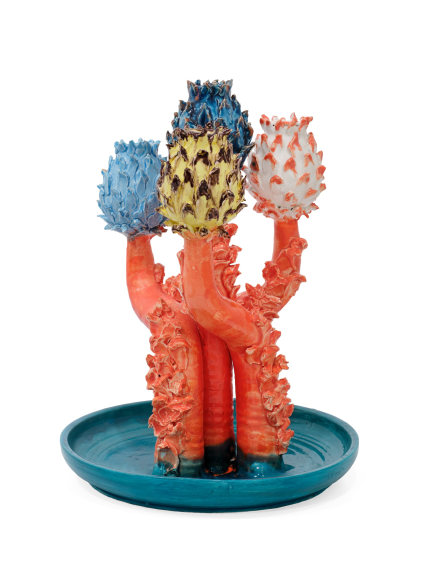 Lola Montes ceramic candelabra with blue base, orange stems, and four multicolored artichoke-shaped tops