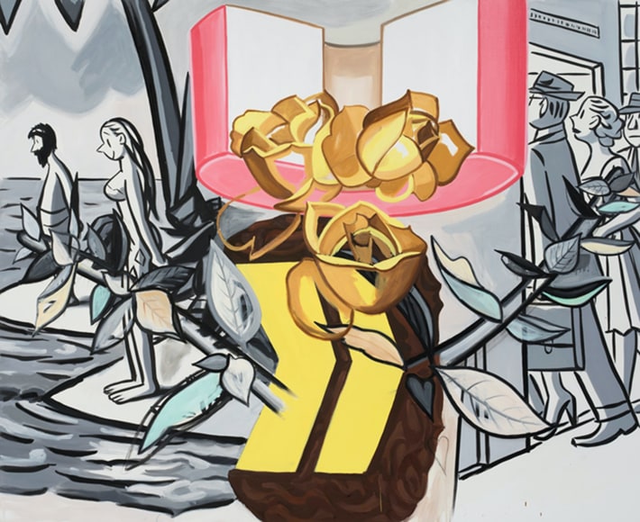 David Salle, Serenade, 2019, Oil and acrylic on linen, 74 x 91 inches (188 x 231.1 cm) © David Salle / ARS, New York 2022; Photo by John Berens