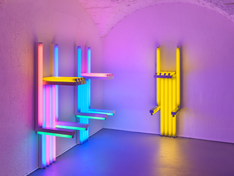 Installation view, Dan Flavin, to Lucie Rie and Hans Coper, master potters, Vito Schnabel Gallery, St. Moritz
