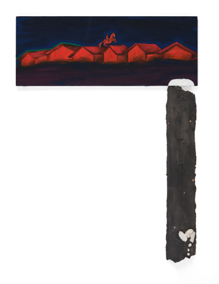 painting with red horse and rider jumping over red houses with ceramic element