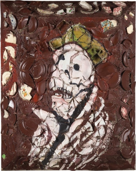 Julian Schnabel, Pope Music, 1984, Oil, plates, and bondo on wood, 60 x 48 x 6 in (152.40 x 121.92 x 15.24 cm) © Julian Schnabel; Photo by Argenis Apolinario; Courtesy the artist and Vito Schnabel Gallery