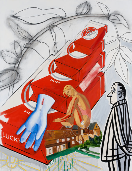 David Salle, Stacked Boxes, 2020, Oil, acrylic and charcoal on linen, 78 x 60 inches (198.1 x 152.4 cm) © David Salle / ARS, New York 2022; Photo by John Berens