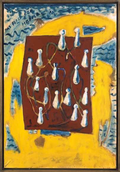 yellow background brown square white pawn figures on raft