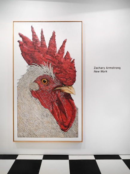 Exhibition title (Zachary Armstrong: New Work) with large painting of rooster by Zachary Armstrong