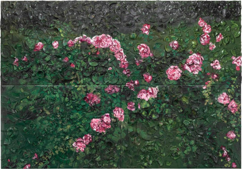 Plate painting of roses by Julian Schnabel