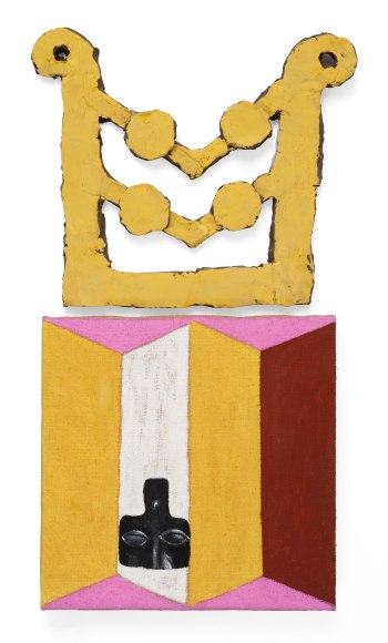 Abstract painting with yellow ceramic element