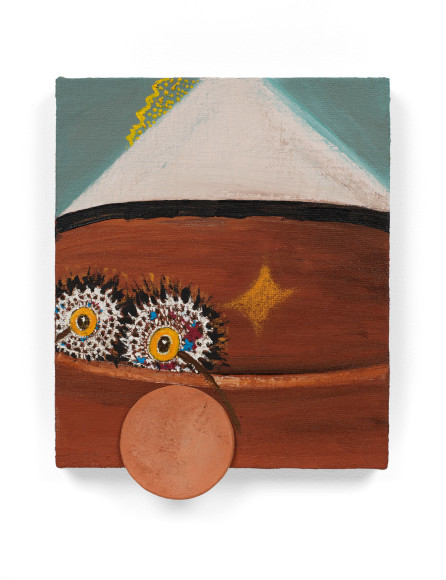 Painting of house-like structure with ceramic element