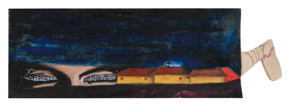 Painting of houses and eyes on dark background