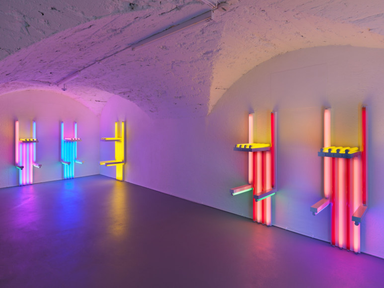 Installation view, Dan Flavin, to Lucie Rie and Hans Coper, master potters, Vito Schnabel Gallery, St. Moritz