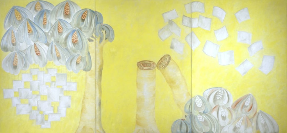 A painting of trees in a yellow background. The left tree is bearing fruit with strings holding paper. The tree on the right is cut down, with its paper flying in the air.