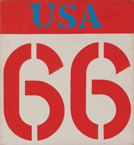 Robert Indiana, Route 66, 1962. Oil on canvas, 12-1&frasl;4 x 11-1&frasl;2 inches., Weatherspoon Art Museum, The University of North Carolina at Greensboro,&nbsp;Museum purchase with funds from the Benefactors Fund, 1987. &copy; 2015 Morgan Art Foundation. Artist Rights Society (ARS), NY.