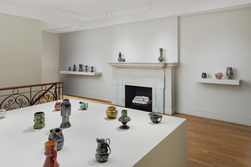 Installation view of George Ohr Pottery: No Two Alike on view at Craig F. Starr Gallery